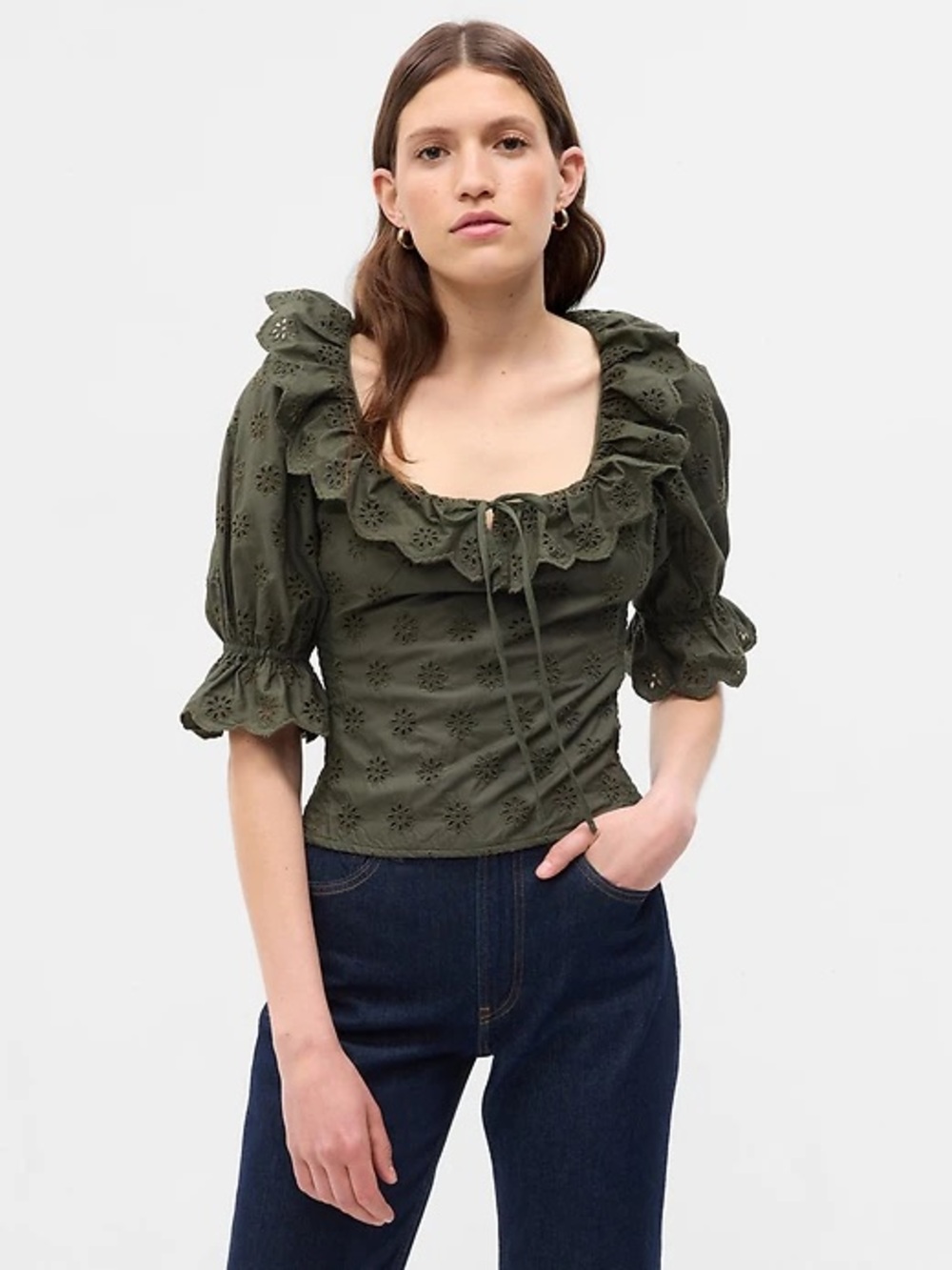 Gap Eyelet Ruffle Top XS Deep Green Puff Sleeve Smocked Cottagecore Blouse